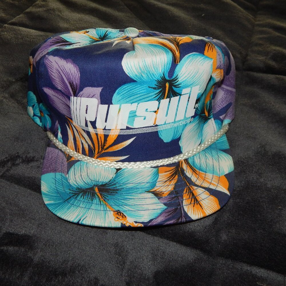 Vintage San Sun Pursuil Herbicide Hat Advertising Hawaiian Cap Snapback Floral